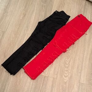 Black and Red Distressed Jeans